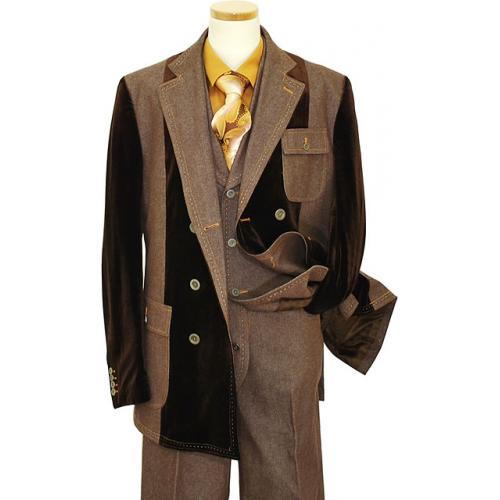 Il Canto Brown 100% Cotton Denim / Velvet Suit With White / Cognac Hand-Pick Stitching 8350